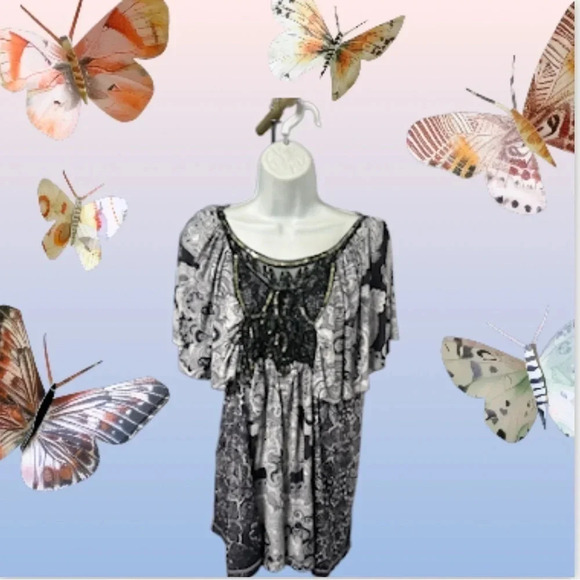 One World Bat Wing Bohemian Embellished Top Women’s Large Lace Flutter Sleeve - Picture 9 of 16